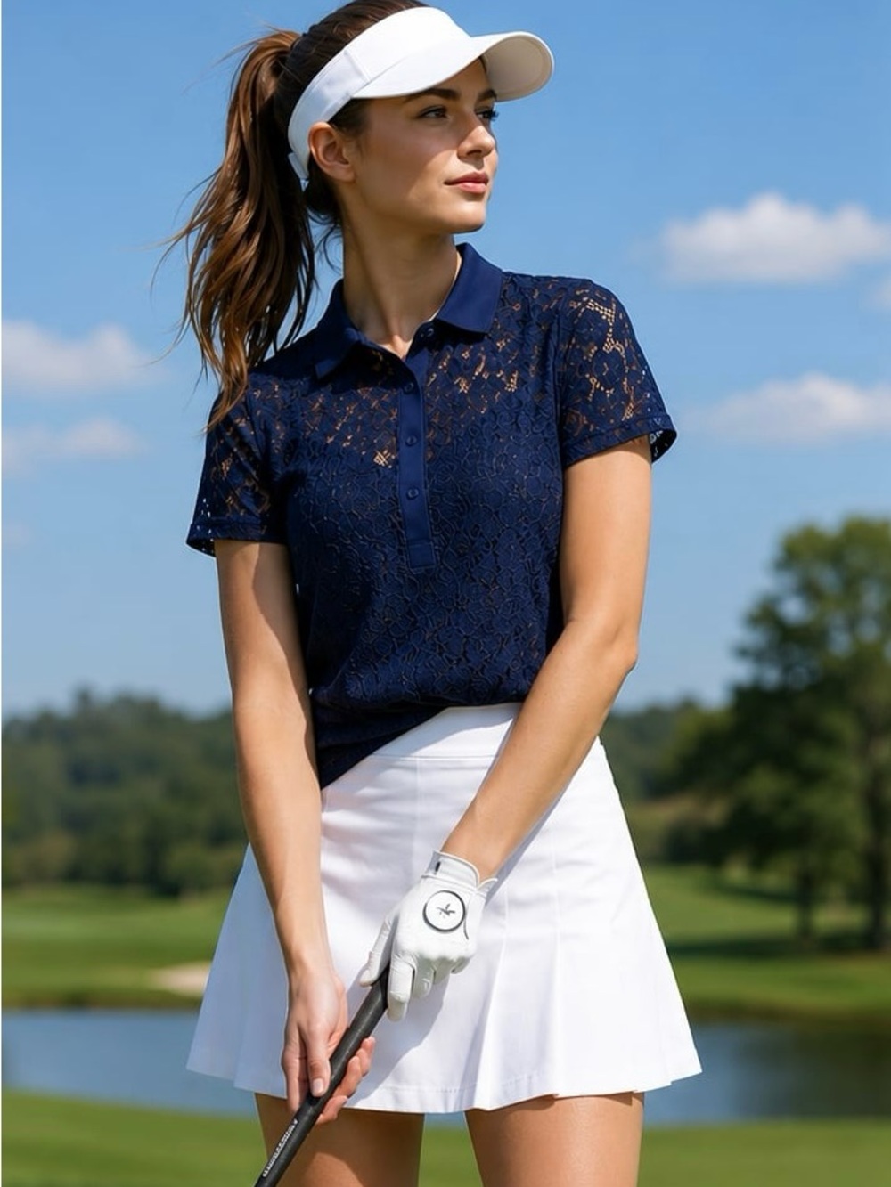 Navy Lace Foray Golf Polo Top - Classic Women's Short Sleeve size L